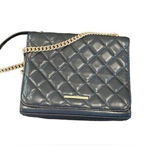 Quilted Gray Leather Crossbody Handbag With Gold Chain Strap